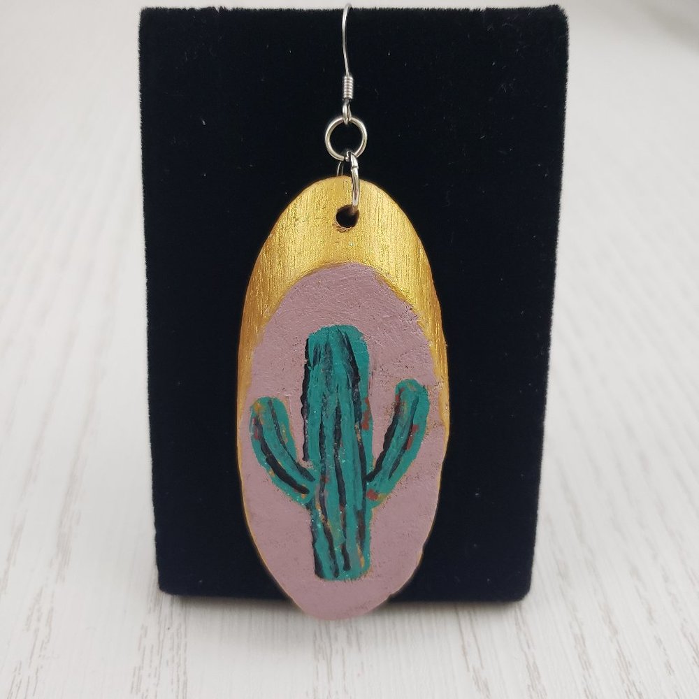Wood Oval SINGLE Earring Cactus Painted Drop - Picture 1 of 5